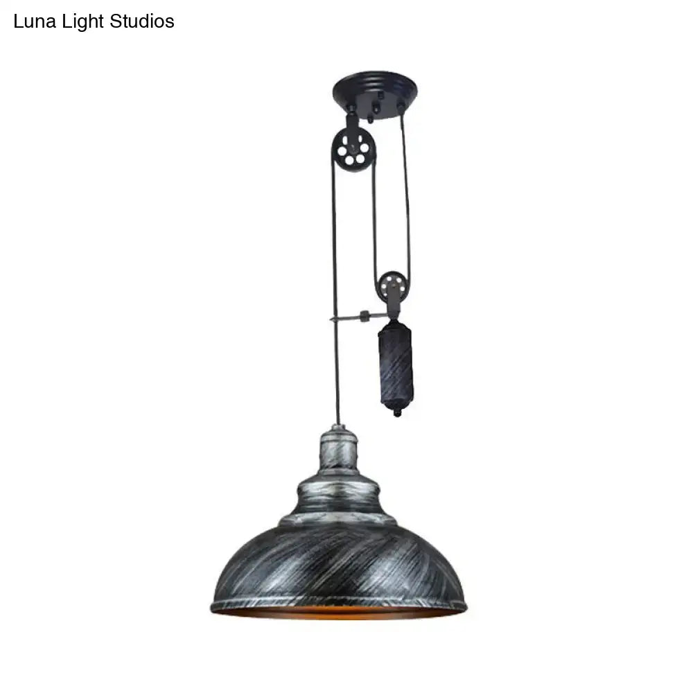 DecorBites rustic industrial dome pendant lamp with distressed black metal finish and visible pulley for living room lighting