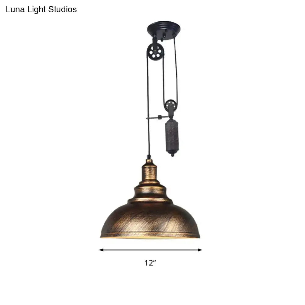 Decorbites™ rustic industrial dome pendant lamp with brass-finished shade and black metal pulley for living room lighting
