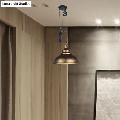 Antique brass rustic industrial dome pendant light with pulley system and textured metal shade for living room lighting