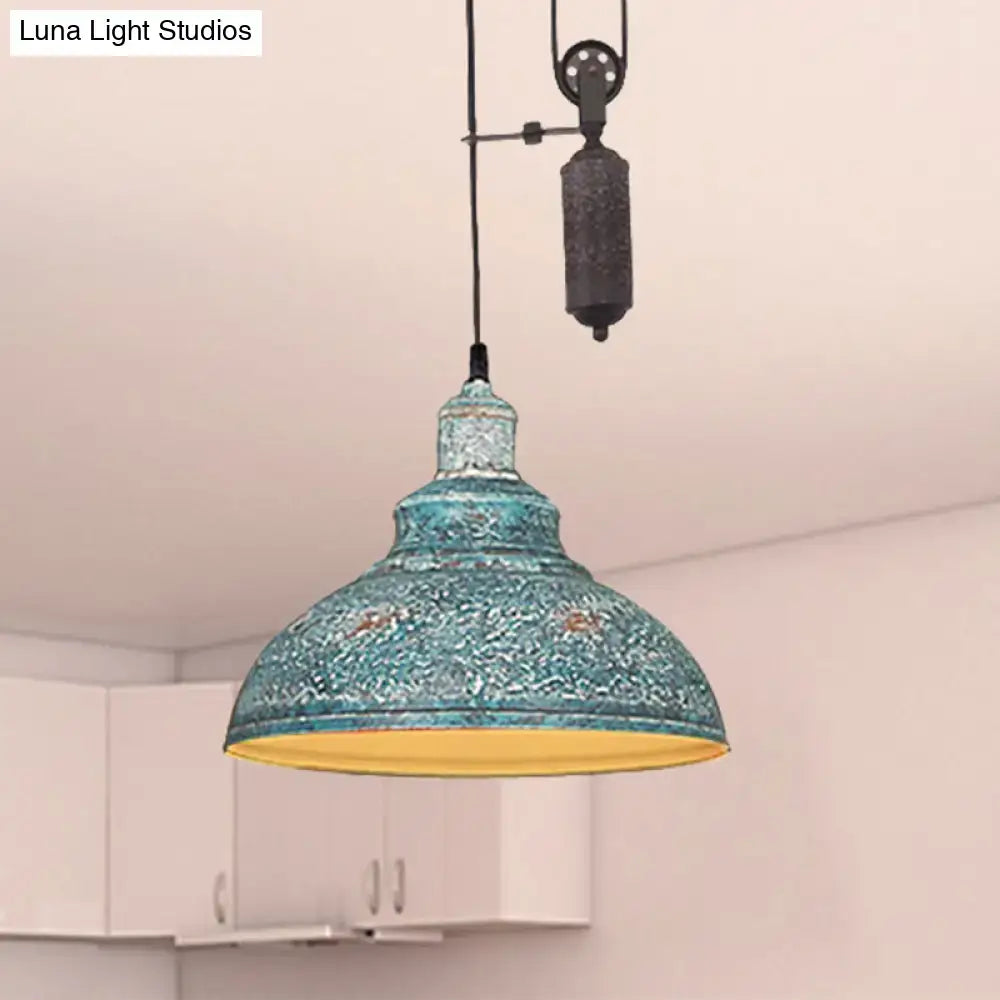 Teal distressed metal rustic industrial dome pendant light with yellow interior and pulley chain for living room lighting