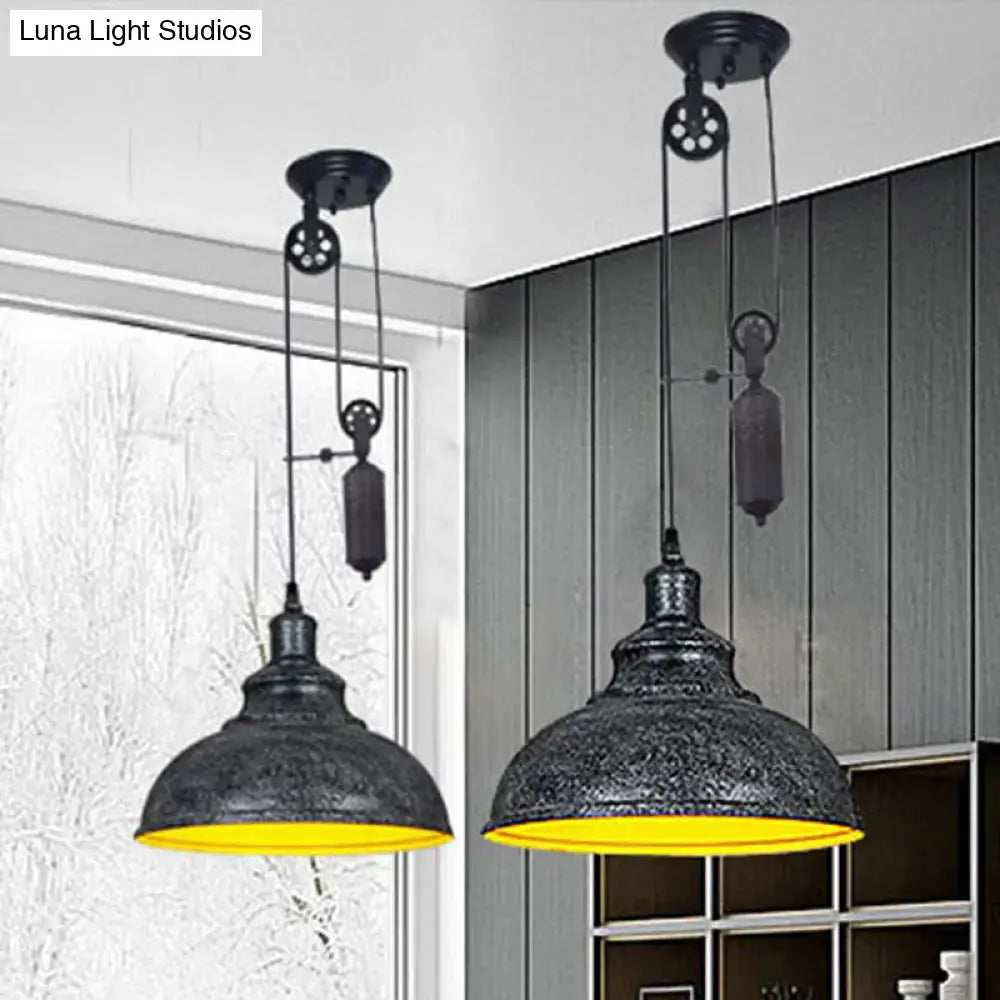 Decorbites rustic industrial dome pendant lamp with black metal distressed finish and vibrant yellow interior lining for living room