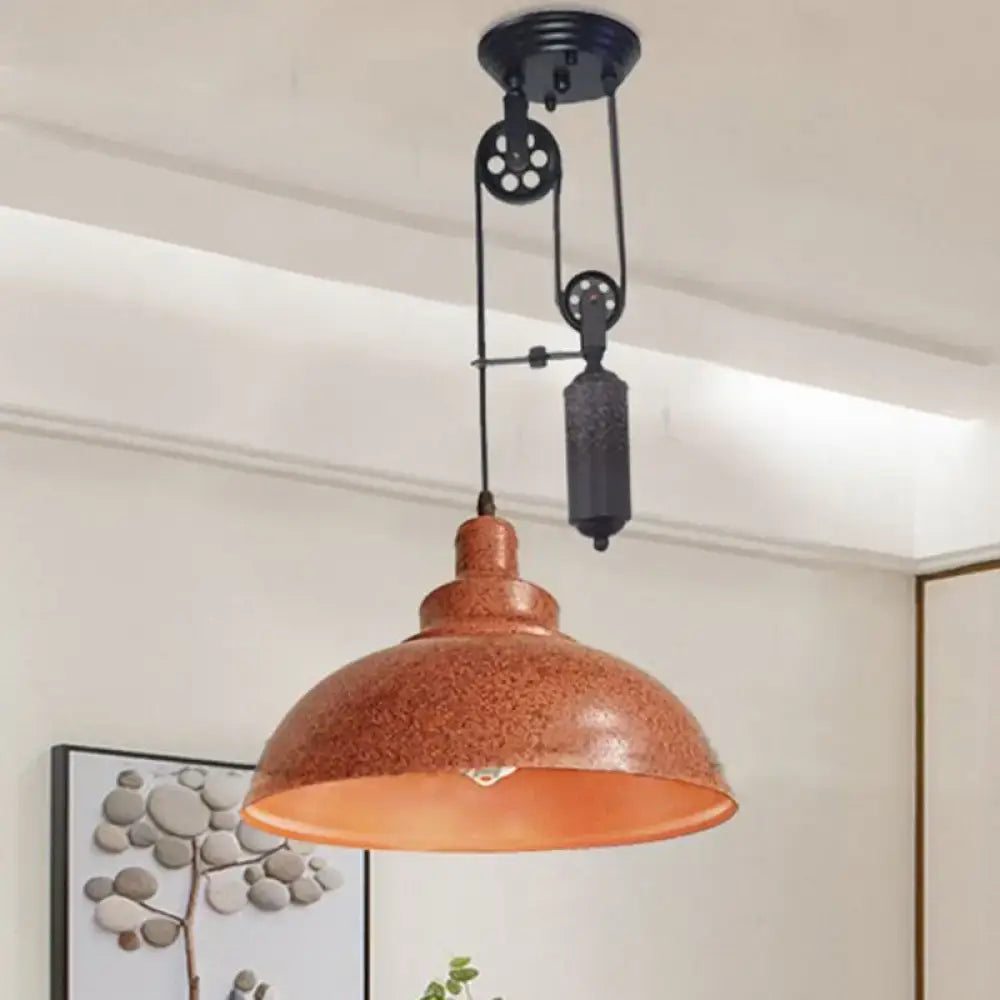 Copper-toned decorbites™ rustic industrial dome pendant lamp with pull-chain and black metal pulley for living room lighting