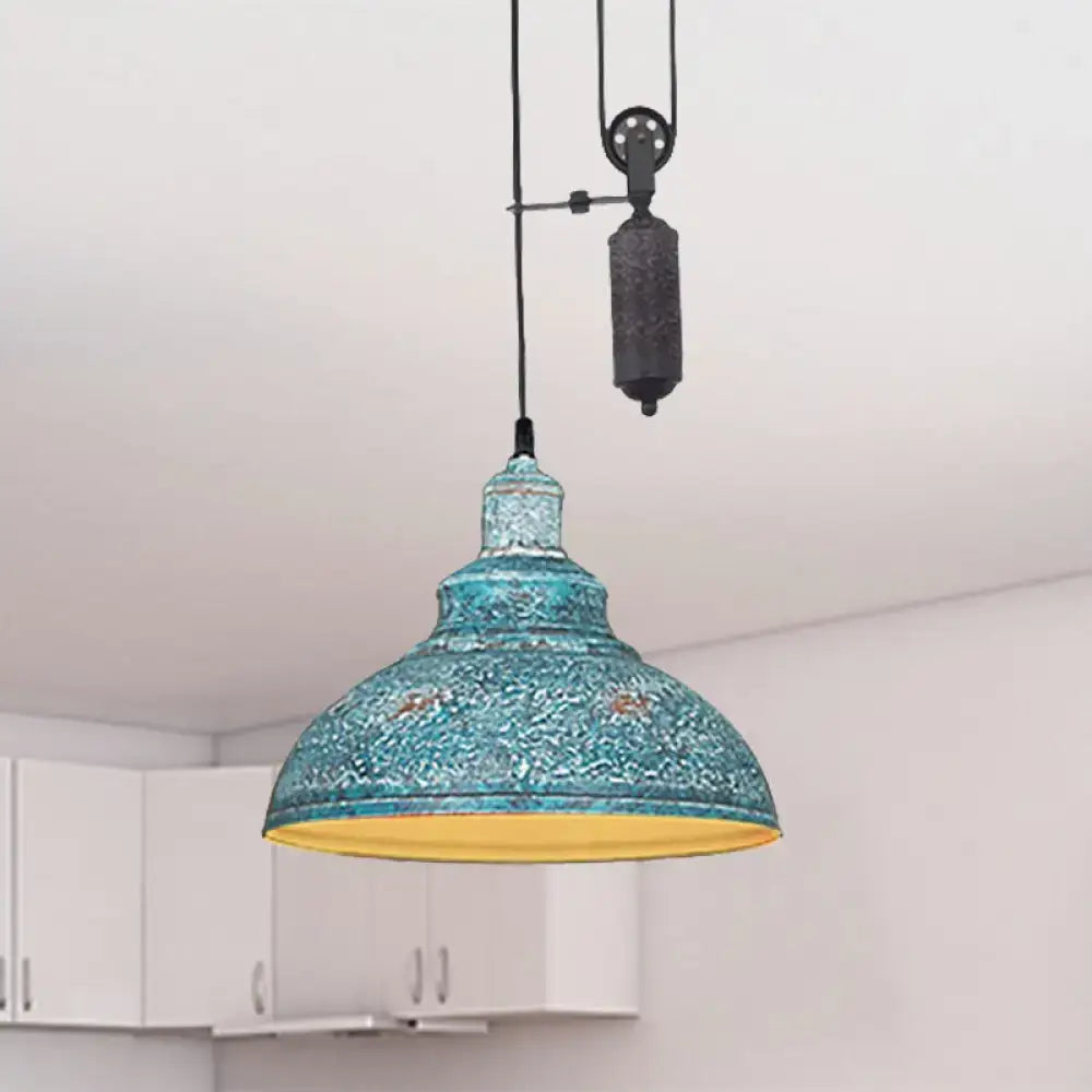 Turquoise mosaic rustic industrial dome pendant lamp with yellow interior and industrial pull chain for living room lighting