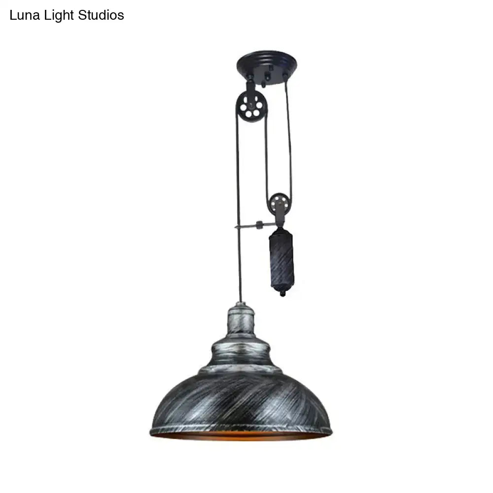 Decorbites™ rustic industrial dome pendant lamp with distressed black metal finish and visible pulley mechanism