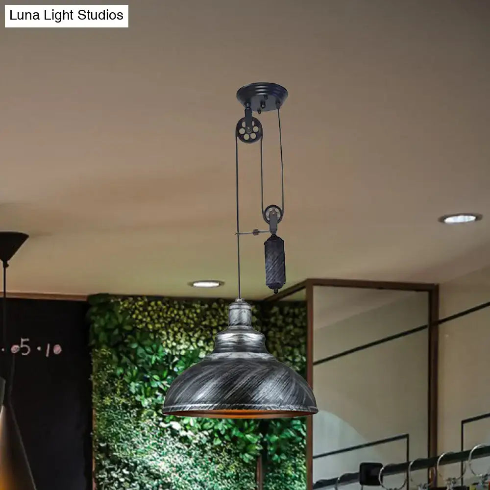 Decorbites rustic industrial dome pendant lamp in brown grey metal with pulley for living room lighting
