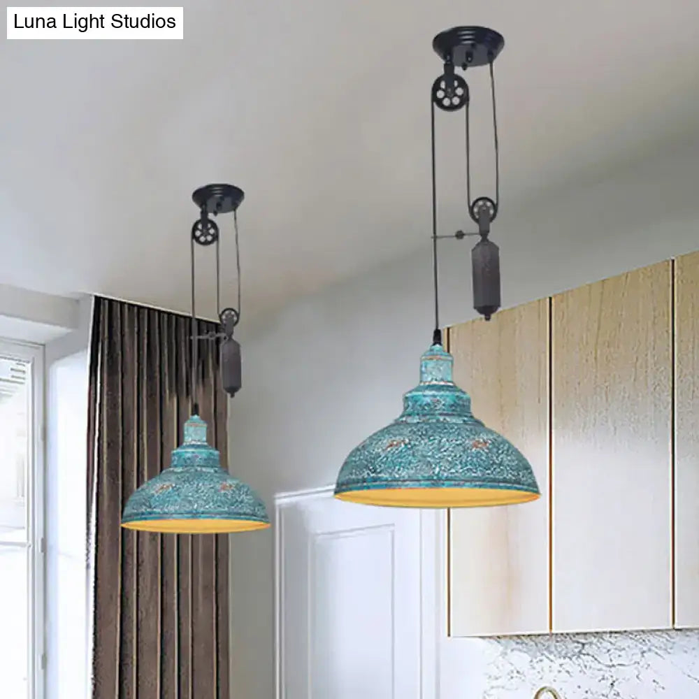 Teal distressed metal rustic industrial dome pendant light with yellow interior and industrial pulley system