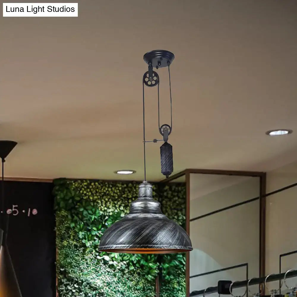 Decorbites™ rustic industrial dome pendant lamp in brown grey metal with pulley mechanism for living room lighting