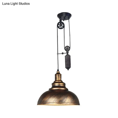 Rustic Industrial Dome Pendant Lamp with Pulley - 1 Light Metal Fixture in Brown/Grey for Living Room Lighting