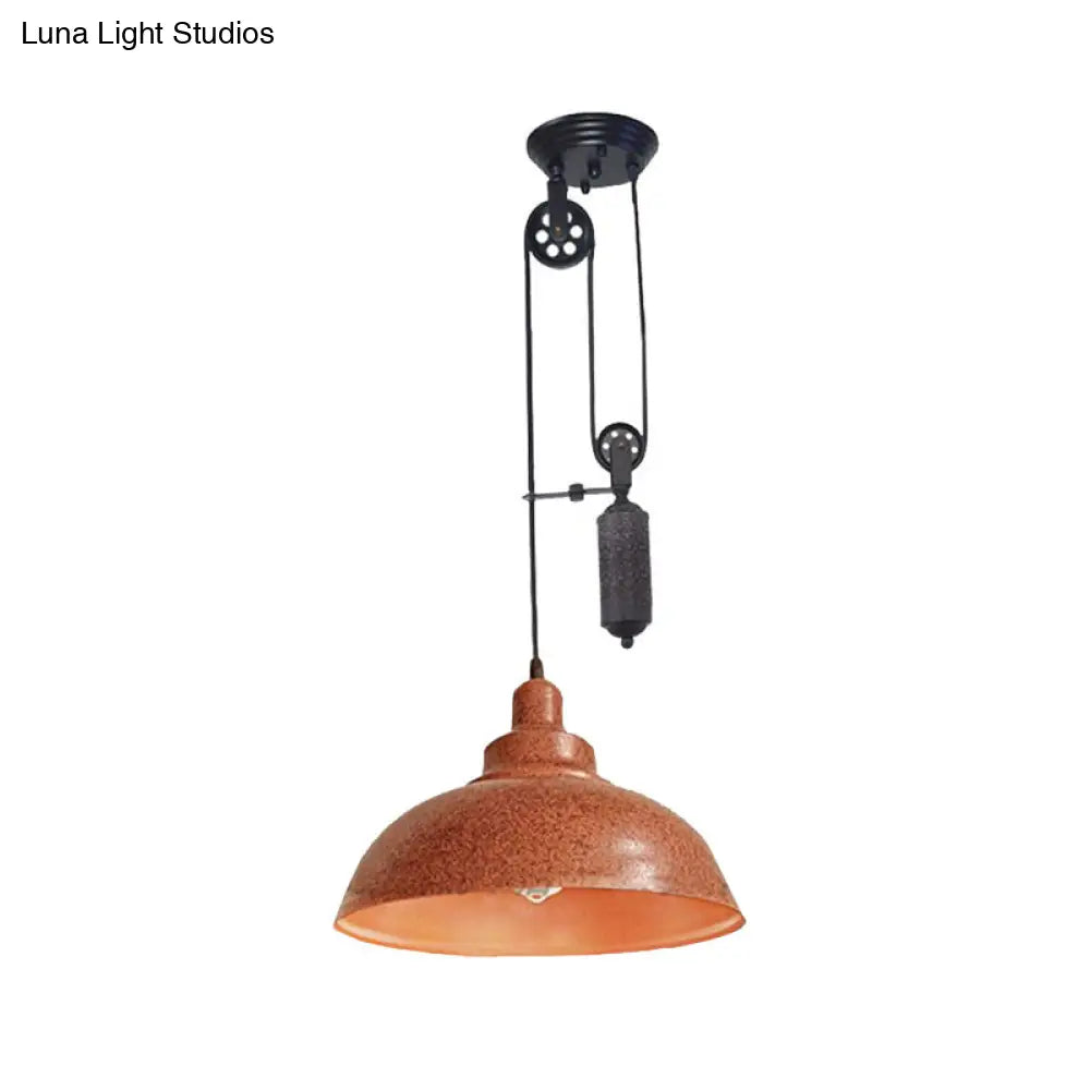 Rustic Industrial Dome Pendant Lamp with Pulley - 1 Light Metal Fixture in Brown/Grey for Living Room Lighting