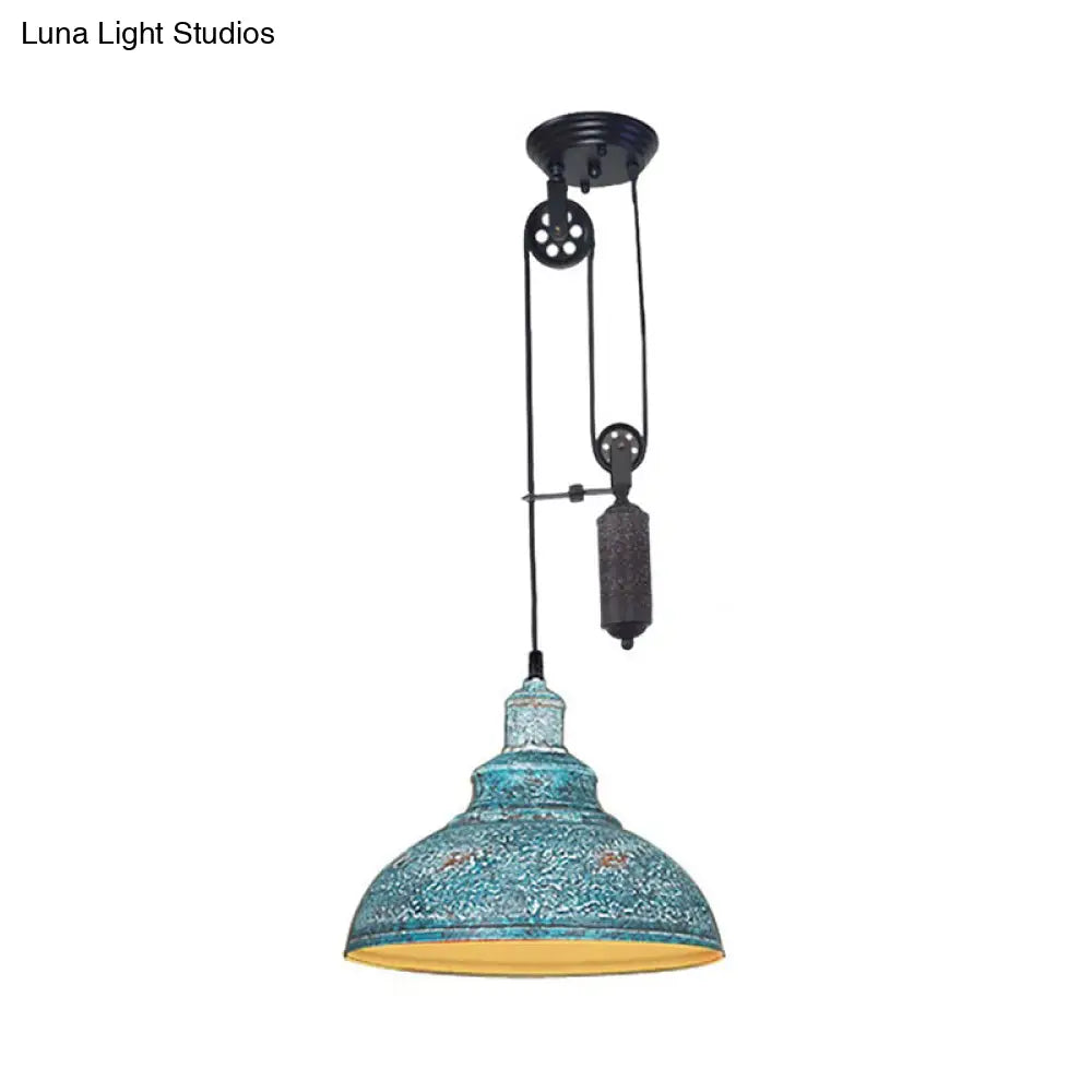 Rustic Industrial Dome Pendant Lamp with Pulley - 1 Light Metal Fixture in Brown/Grey for Living Room Lighting