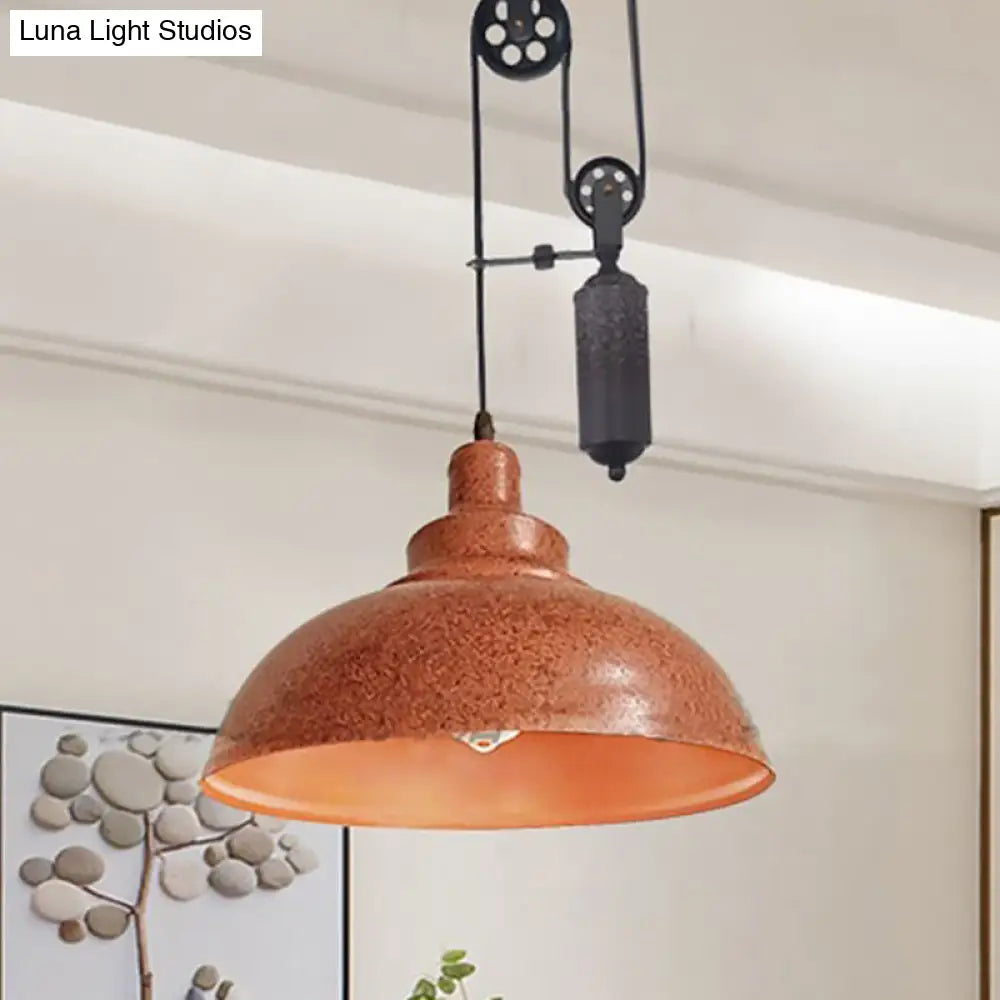 Rustic Industrial Dome Pendant Lamp with Pulley - 1 Light Metal Fixture in Brown/Grey for Living Room Lighting