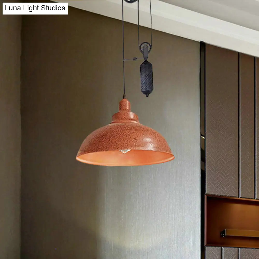 Rustic Industrial Dome Pendant Lamp with Pulley - 1 Light Metal Fixture in Brown/Grey for Living Room Lighting