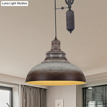 Rustic Industrial Dome Pendant Lamp with Pulley - 1 Light Metal Fixture in Brown/Grey for Living Room Lighting