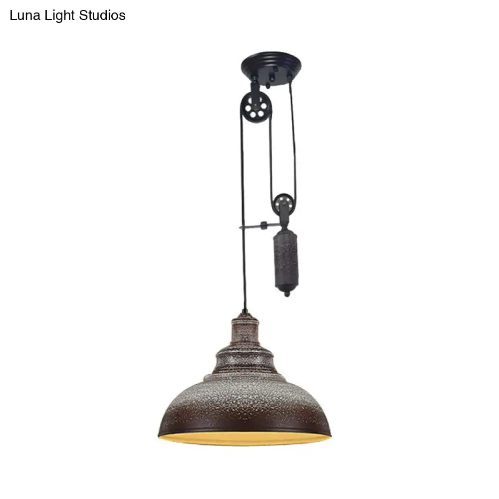 Rustic Industrial Dome Pendant Lamp with Pulley - 1 Light Metal Fixture in Brown/Grey for Living Room Lighting