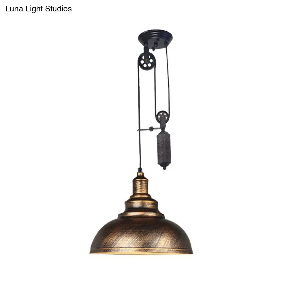 Rustic Industrial Dome Pendant Lamp with Pulley - 1 Light Metal Fixture in Brown/Grey for Living Room Lighting