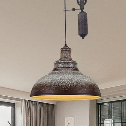 Rustic Industrial Dome Pendant Lamp with Pulley - 1 Light Metal Fixture in Brown/Grey for Living Room Lighting