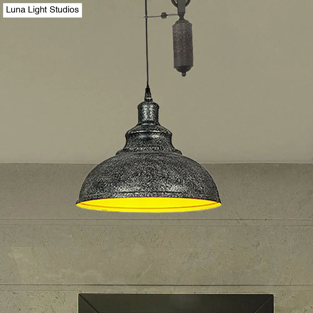 Rustic Industrial Dome Pendant Lamp with Pulley - 1 Light Metal Fixture in Brown/Grey for Living Room Lighting