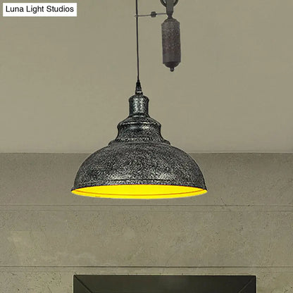 Rustic Industrial Dome Pendant Lamp with Pulley - 1 Light Metal Fixture in Brown/Grey for Living Room Lighting