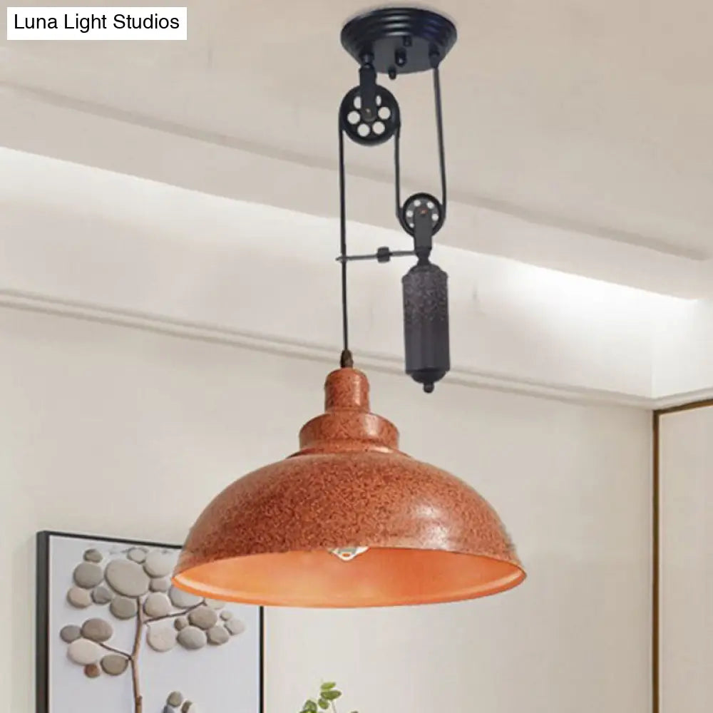 Rustic Industrial Dome Pendant Lamp with Pulley - 1 Light Metal Fixture in Brown/Grey for Living Room Lighting