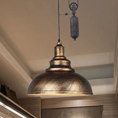 Rustic Industrial Dome Pendant Lamp with Pulley - 1 Light Metal Fixture in Brown/Grey for Living Room Lighting