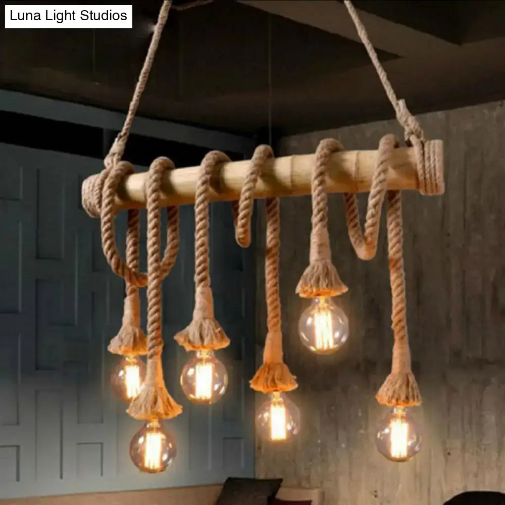 Rustic industrial hemp rope pendant lamp with bamboo chandelier, natural rope, frayed tassels, and exposed bulb fixtures