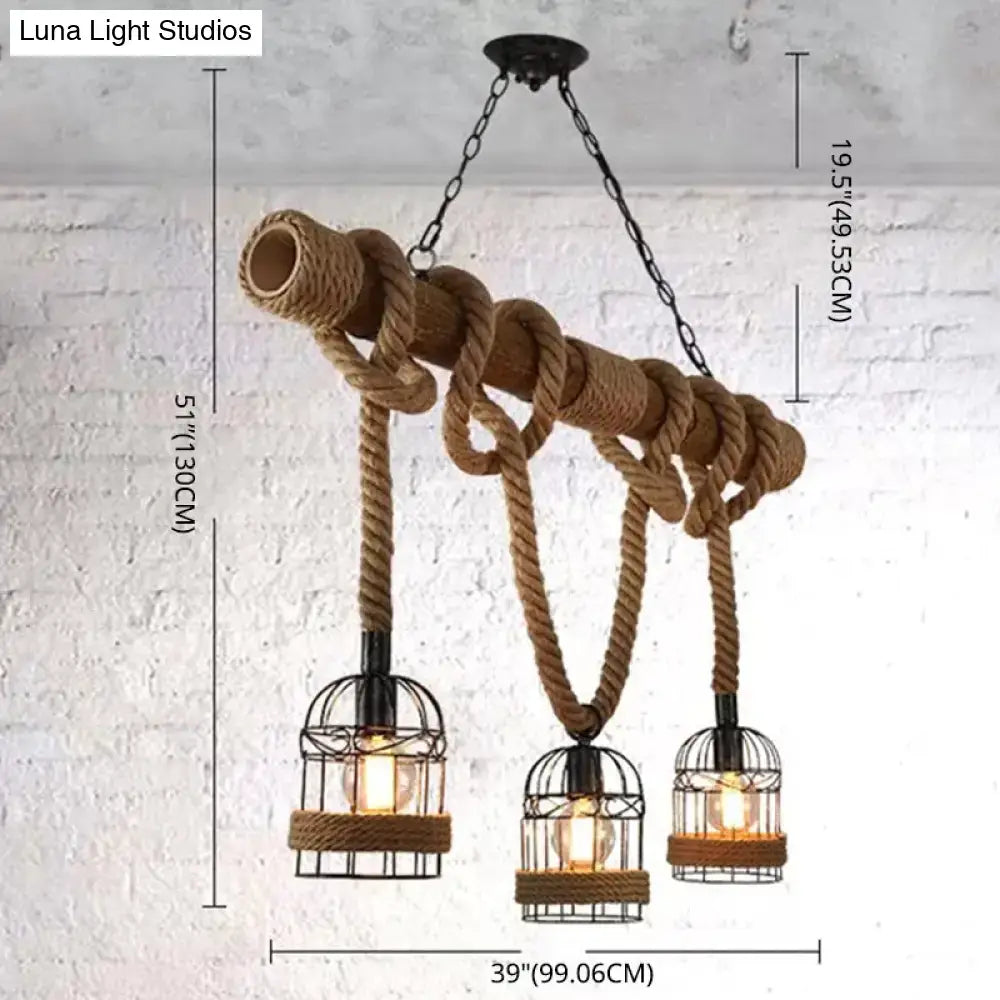 Rustic industrial hemp rope pendant lamp with wooden pipe and black wire birdcage lights for kitchen island lighting