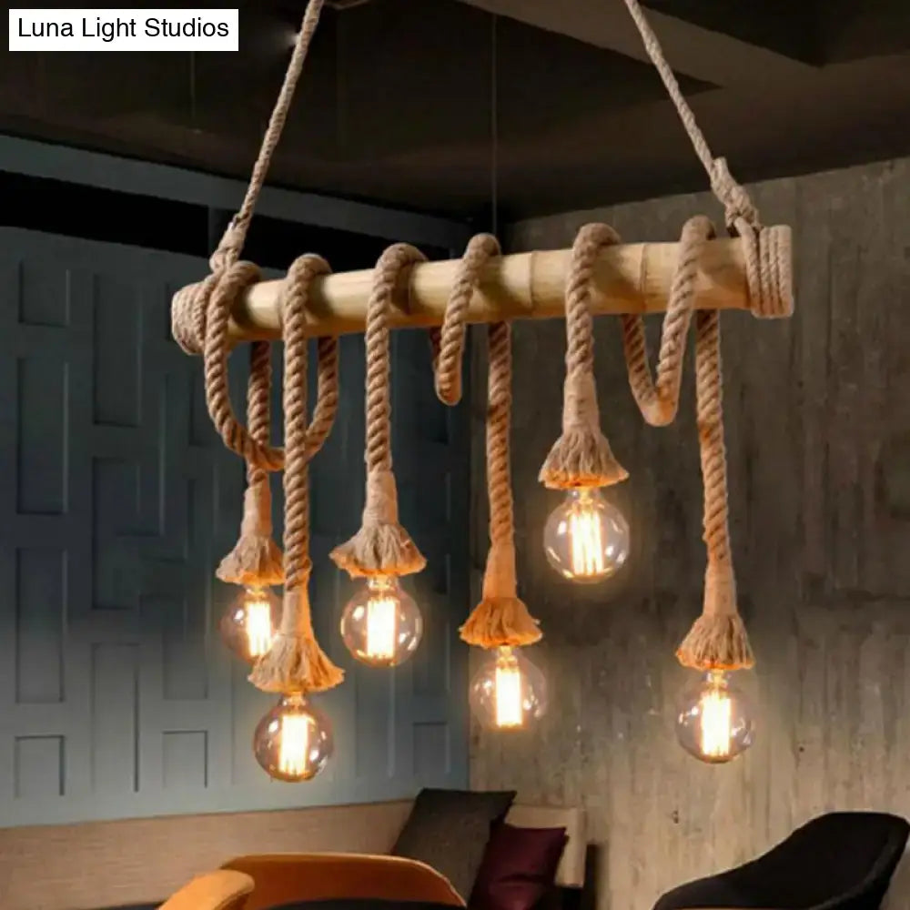 Rustic industrial hemp rope pendant lamp with natural bamboo chandelier and exposed filament bulbs for kitchen island lighting 110v-120v 220v-240v rope pendant lamp