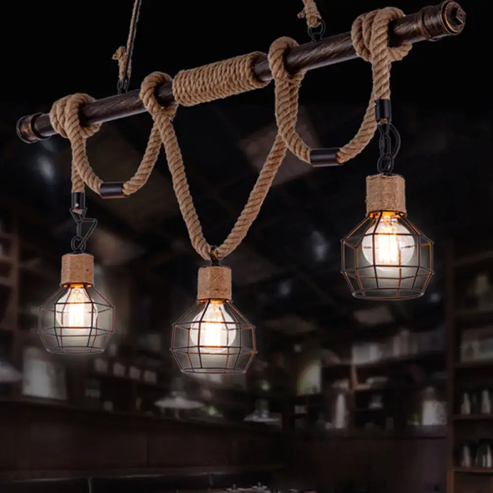 Rustic industrial hemp rope pendant lamp with three wire cage bulbs hanging from dark wooden beam for kitchen island lighting 110v-120v 220v-240v rope pendant lamp