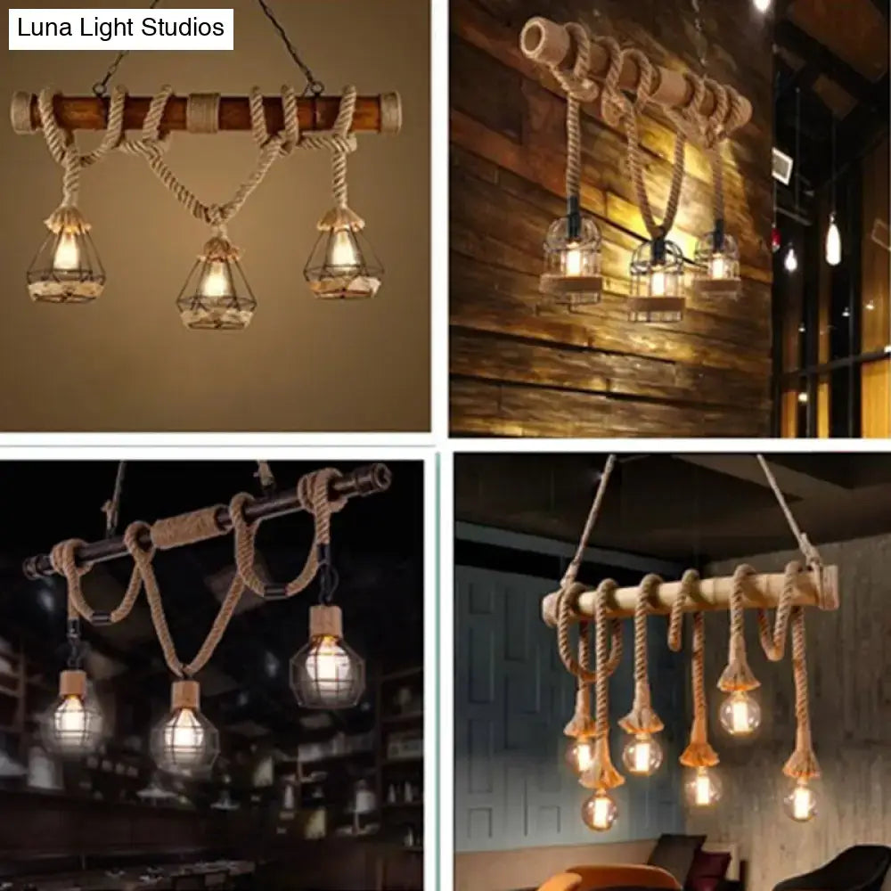 Rustic industrial hemp rope pendant lamp with wooden beam and exposed edison bulbs for kitchen island lighting 110v-120v