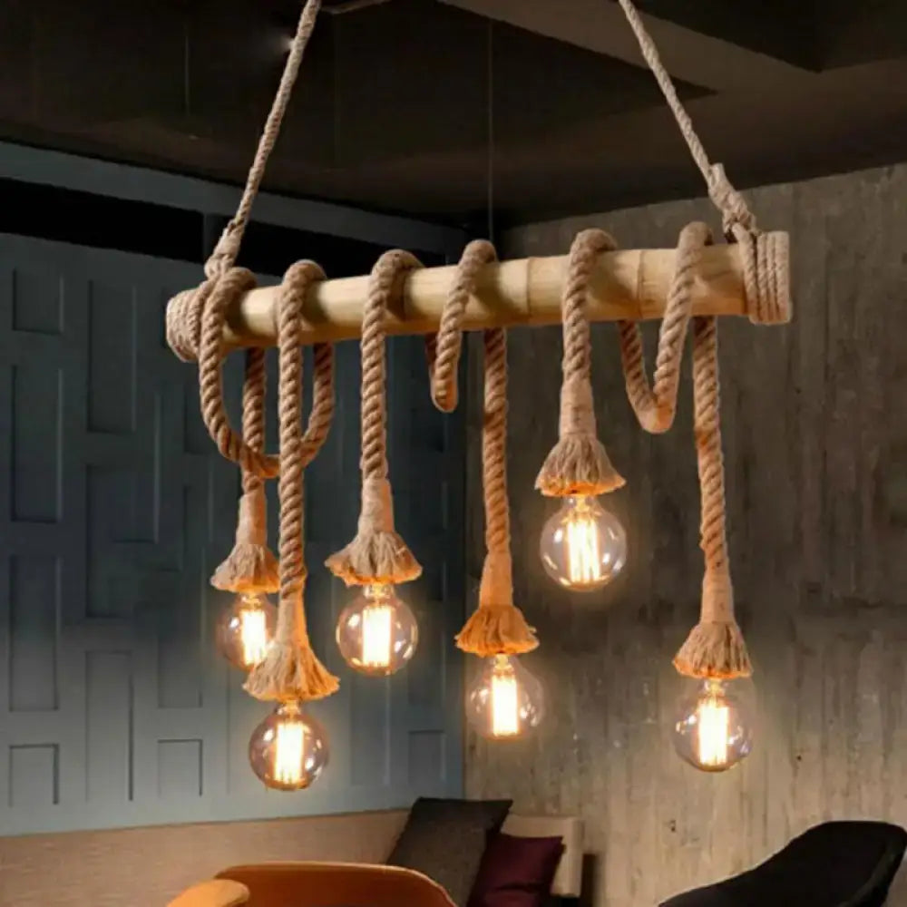 Rustic industrial hemp rope pendant lamp with thick beige rope and exposed filament bulbs for kitchen island lighting 110v-120v 220v-240v