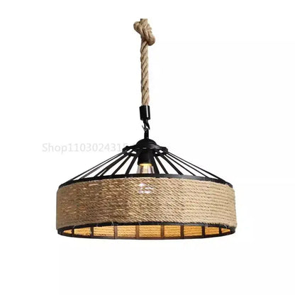 Rustic industrial pendant light with black metal frame and hemp rope suspension installation for dining room
