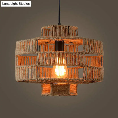 Rustic Industrial Hemp Rope Pendant Lighting - Brown