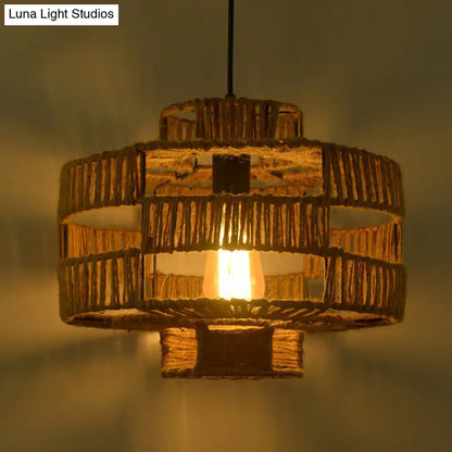 Rustic Industrial Hemp Rope Pendant Lighting - Brown