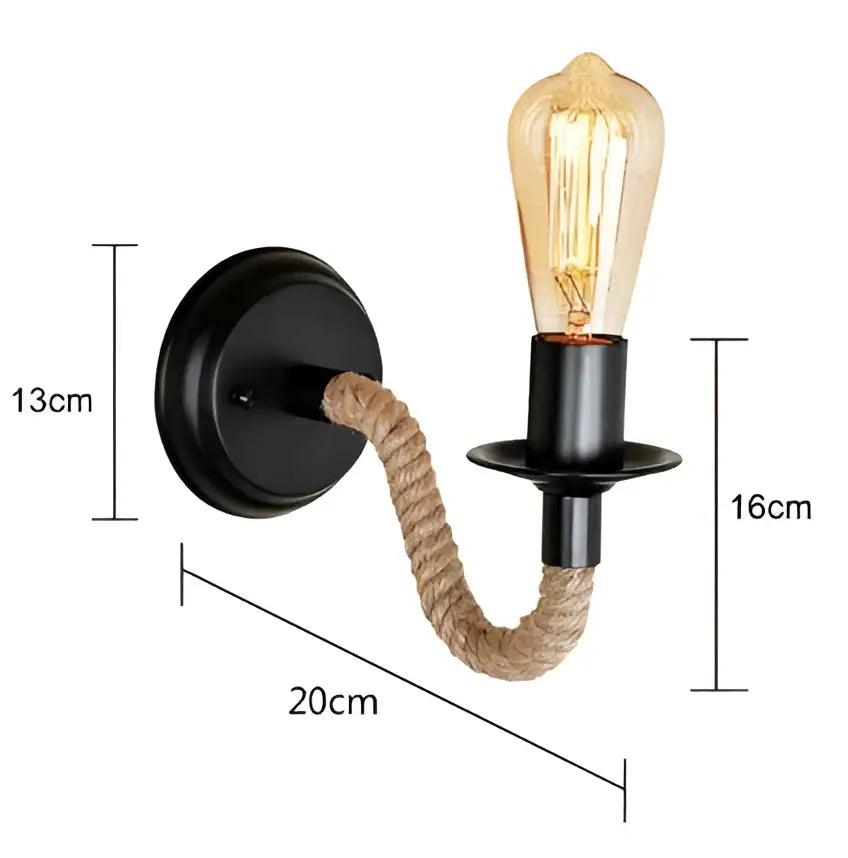 Black metal wall lamp with twisted hemp rope arm and exposed filament bulb for rustic industrial bedroom decorbites hemp rope