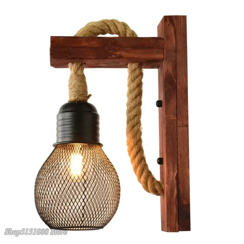 Rustic industrial hemp rope wall lamp with dark wood frame beige rope suspension and black mesh bulb cage decorbites hemp rope