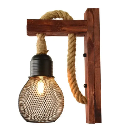 Rustic industrial hemp rope wall lamp with dark wood frame, beige rope suspension, and black metal mesh decorbites hemp rope