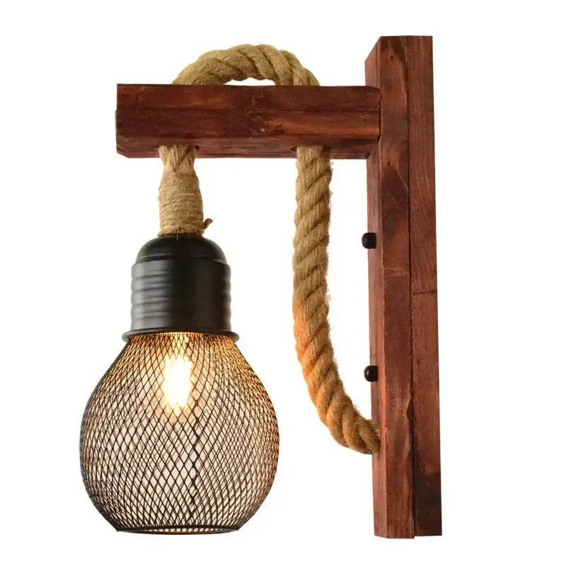 Rustic industrial hemp rope wall lamp with dark wood frame, beige rope suspension, and black metal mesh decorbites hemp rope