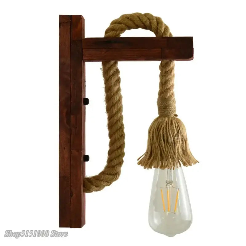 Rustic industrial wood wall lamp with thick beige decorbites hemp rope and clear glass bulb for bedroom sconce decor