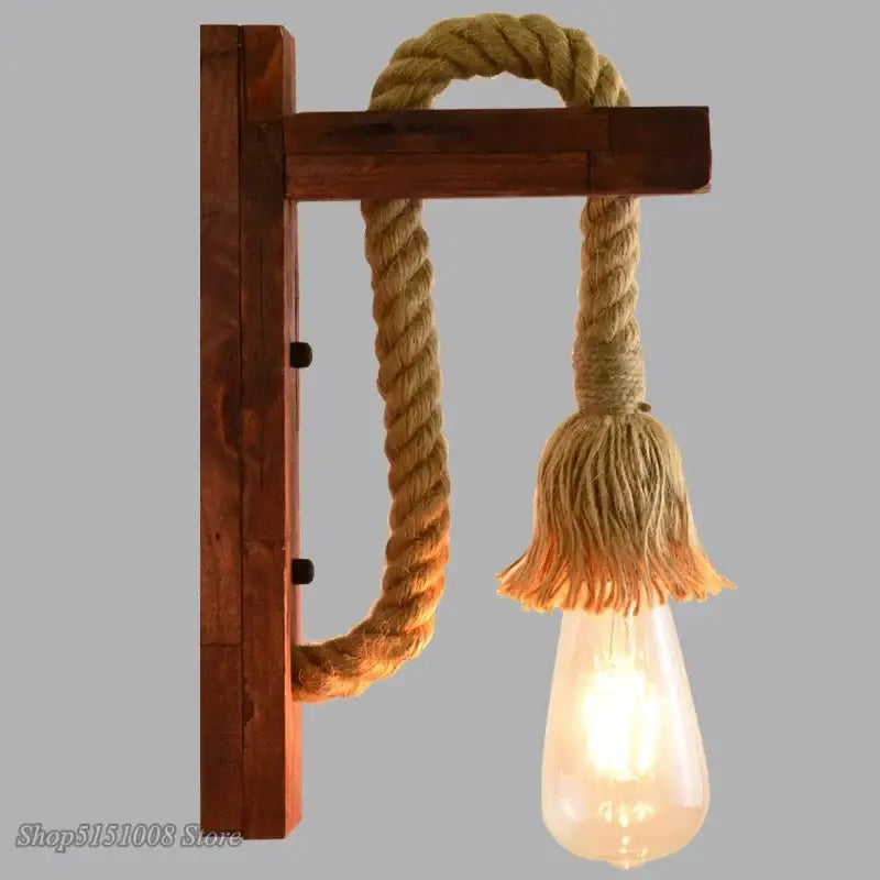 Rustic wooden wall lamp with decorbites hemp rope and frayed tassel featuring exposed Edison bulb for bedroom decorbites hemp rope wall