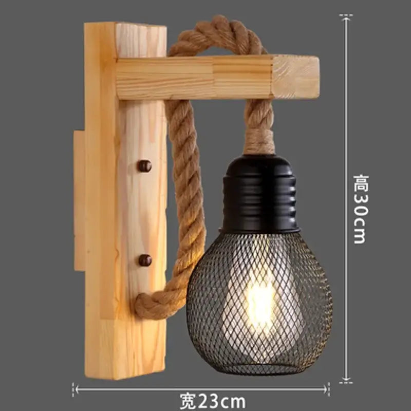 Rustic industrial hemp rope wall lamp with black mesh bulb cover and beige decorbites hemp rope hanging from wood bracket