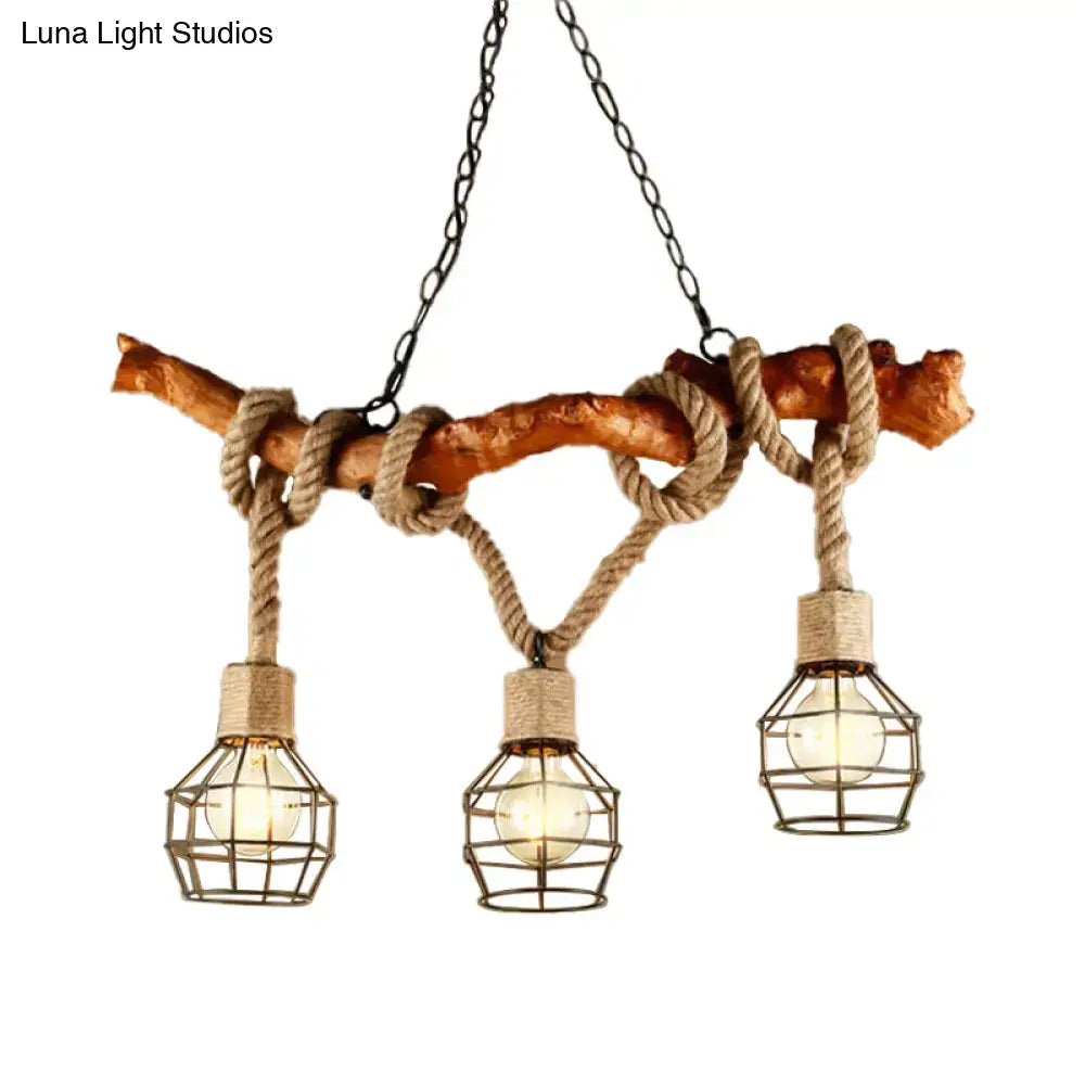 DecorBites rustic metal and rope beige island pendant light with three globe cage bulbs and natural wood accents