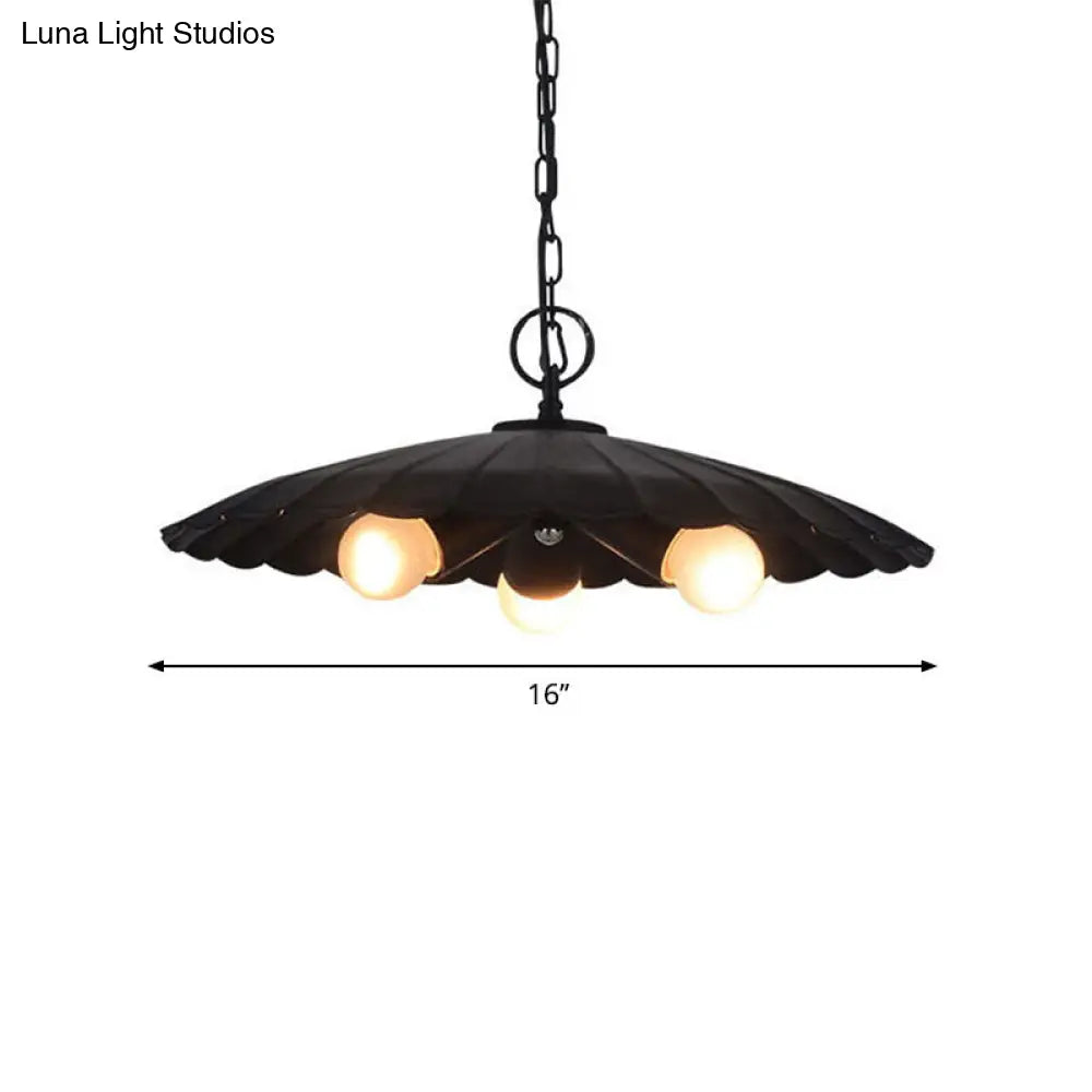 Rustic Industrial Scalloped Pendant Lighting - 3 Bulbs, Black Iron Chandelier for Living Room