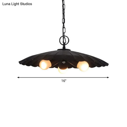 Rustic Industrial Scalloped Pendant Lighting - 3 Bulbs, Black Iron Chandelier for Living Room