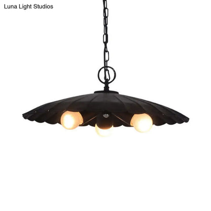 Rustic Industrial Scalloped Pendant Lighting - 3 Bulbs, Black Iron Chandelier for Living Room