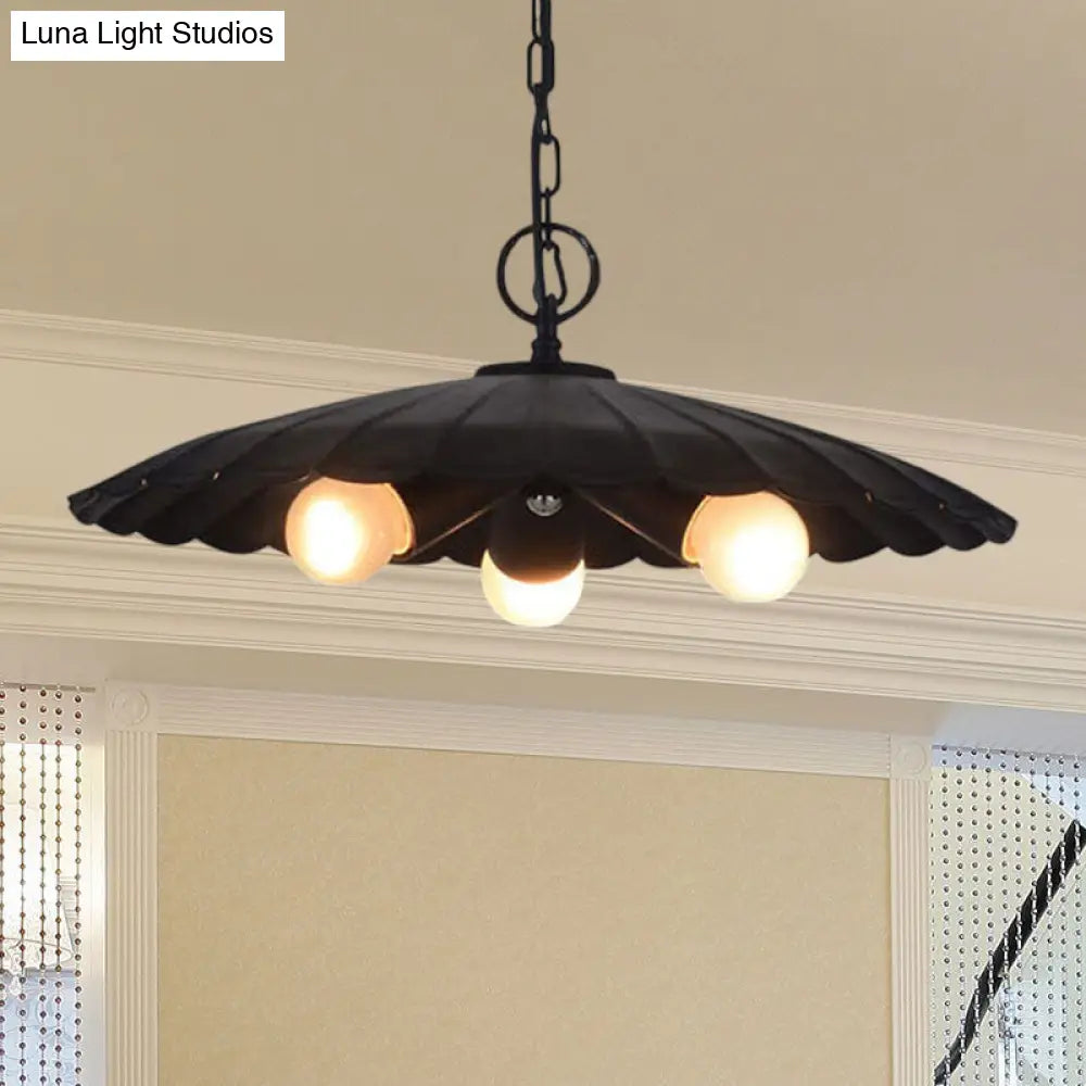 Rustic Industrial Scalloped Pendant Lighting - 3 Bulbs, Black Iron Chandelier for Living Room