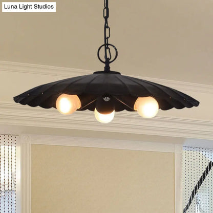 Rustic Industrial Scalloped Pendant Lighting - 3 Bulbs, Black Iron Chandelier for Living Room