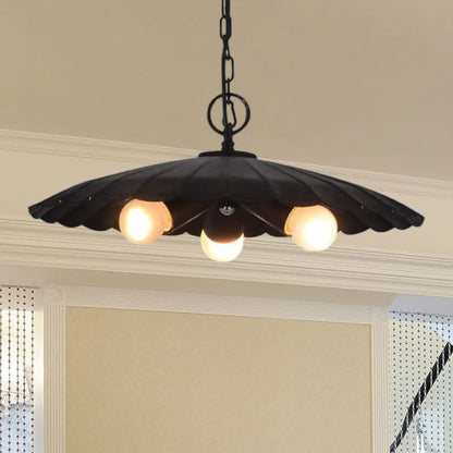 Rustic Industrial Scalloped Pendant Lighting - 3 Bulbs, Black Iron Chandelier for Living Room
