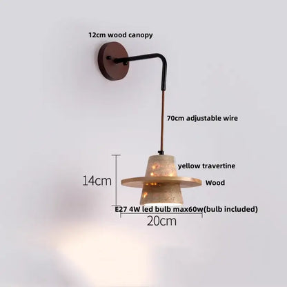 Rustic industrial wood and concrete wall sconce with yellow travertine shade and 12cm wood canopy for bedroom decorbites copper wood led
