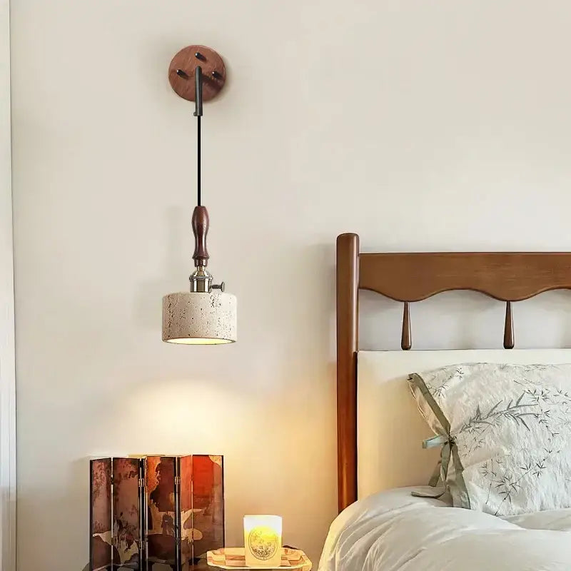 Rustic industrial wall sconce with wooden base copper wood led handle and off-white concrete shade for bedroom decorbites