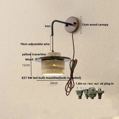 Rustic industrial wood and concrete wall sconce with a yellow travertine wooden base and decorbites copper wood led bulb